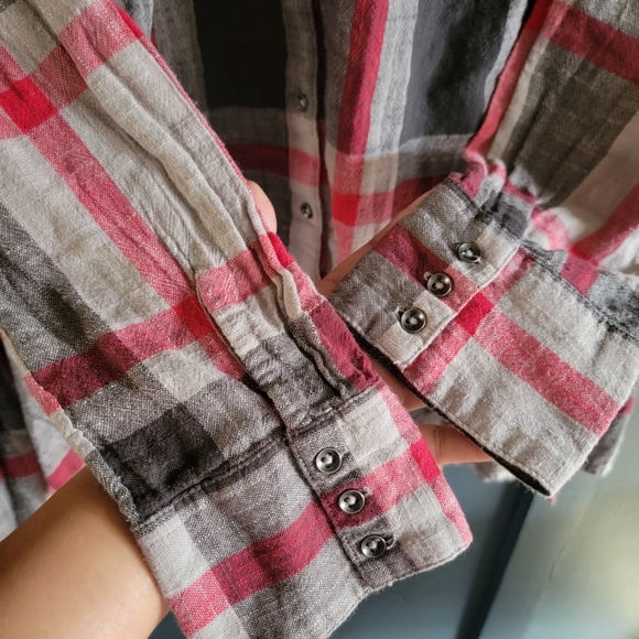 Free People‎ Red Plaid Cotton Collared Long Sleeves Button Down Shirt Medium - Picture 6 of 10